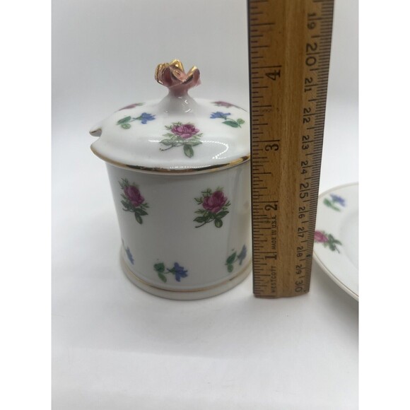 Vtg. White Porcelain Blue Pink Roses Jam Jar Sugar Bowl & Lid Floral UndePlate - Picture 11 of 14